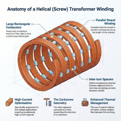 Helical Windings Anatomy for AC Transformers