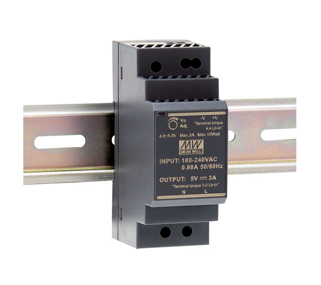 Low profile, stepped front DIN rail power supply