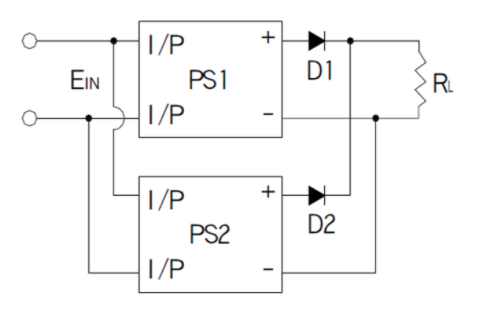 Two power supplies connected to load in series through diode